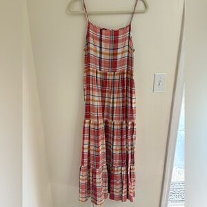 LOU & GREY Plaid Tiered Maxi Dress M Boho Summer w/ Pockets Cottage prairie EUC
